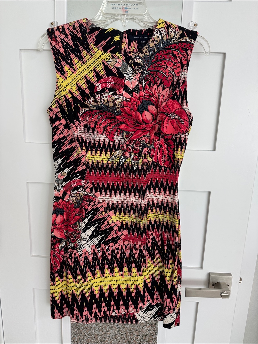 French Connection Black Floral Zigzag Mini Dress with Red and Yellow Accents